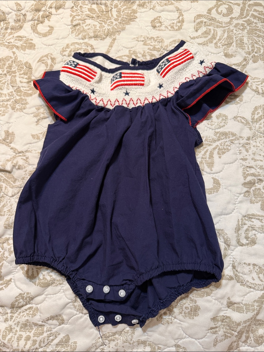 Navy Baby Romper with Patriotic Flag Smocking